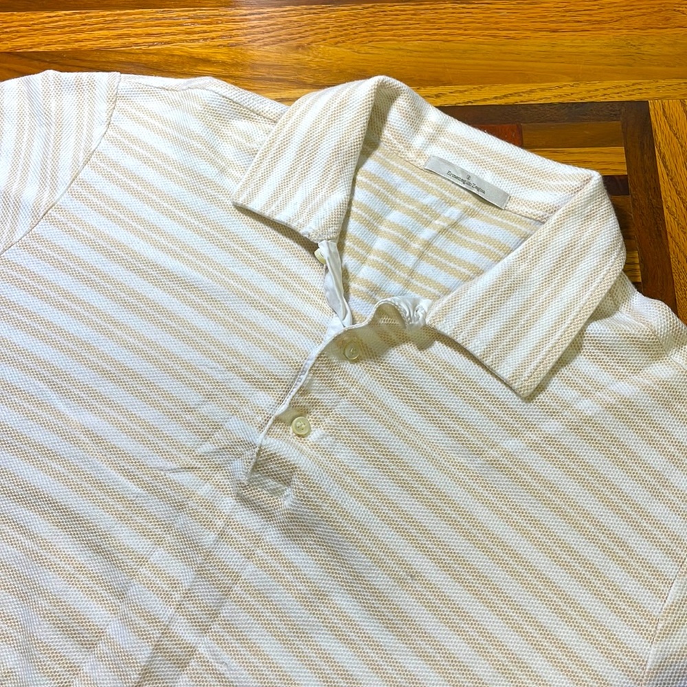 Ermenegildo Zegna mens XL tan white stripe soft cotton short sleeve polo shirt